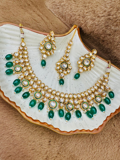 HeyBae Gold-Plated Kundan Necklace Set with Green Stones – Ethnic Jewellery for Women