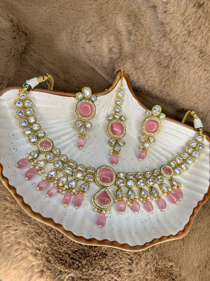 HeyBae Pink Kundan Necklace Set with Earrings – Ethnic Bridal Jewellery