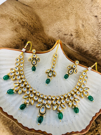 HeyBae Gold-Plated Kundan Necklace Set with Green Stones – Ethnic Jewellery for Women