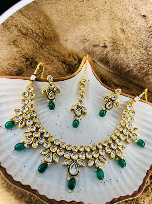 HeyBae Gold-Plated Kundan Necklace Set with Green Stones – Ethnic Jewellery for Women