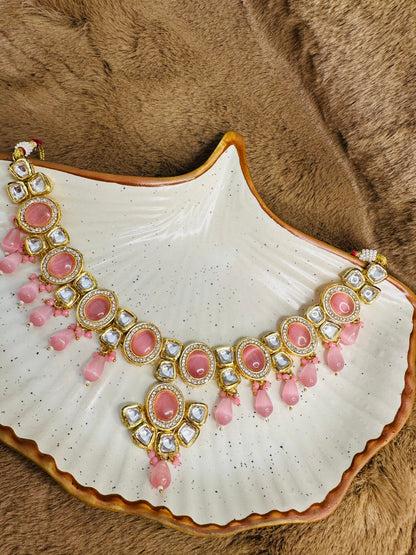 HeyBae Pink Kundan Necklace Set with Earrings – Ethnic Bridal Jewellery