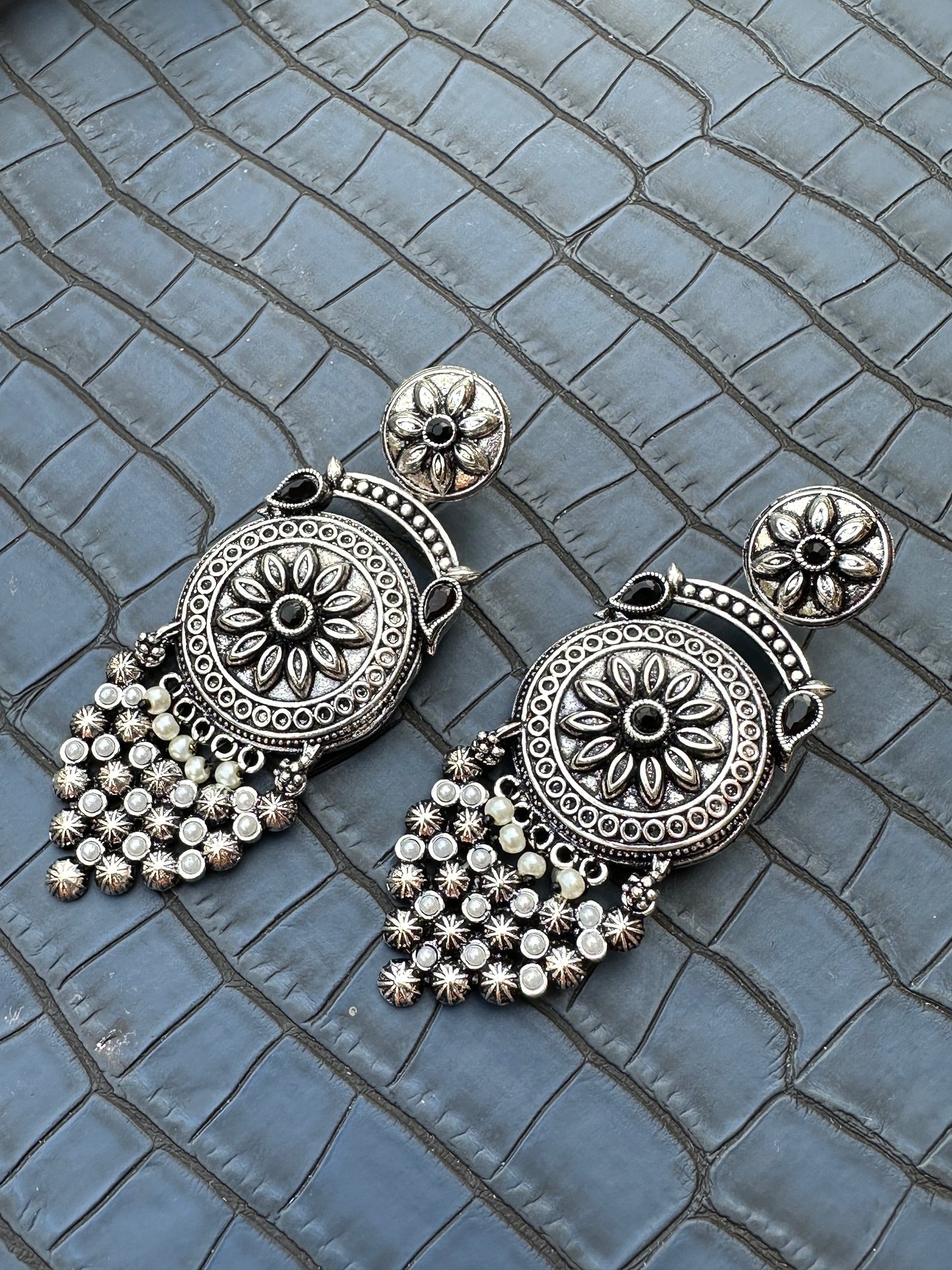 HeyBae Oxidised Kundan Jhumka Earrings - Handcrafted Brass Indian Jewelry