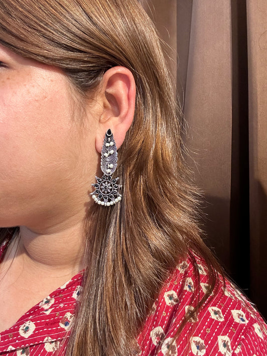 Oxidised Feather Pearl Earrings – Ethnic Statement Earrings for Women