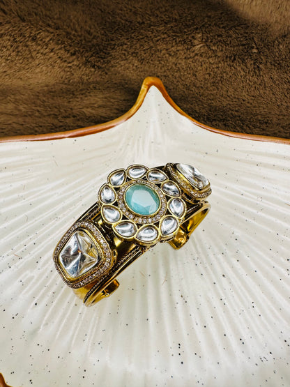 HeyBae Kundan Cuff Bracelet – Antique Gold Plated Bracelet for Ethnic Wear