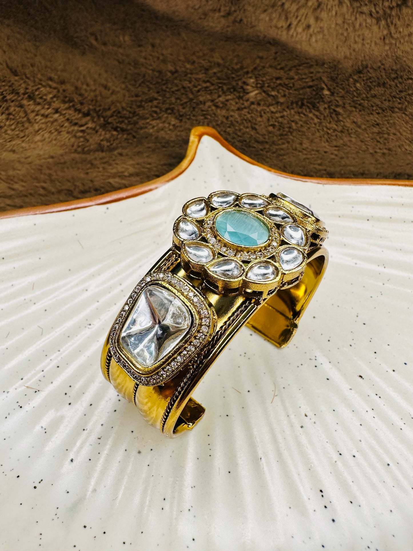 HeyBae Kundan Cuff Bracelet – Antique Gold Plated Bracelet for Ethnic Wear