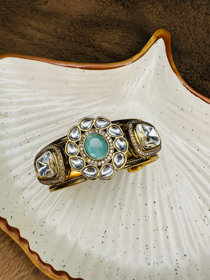HeyBae Kundan Cuff Bracelet – Antique Gold Plated Bracelet for Ethnic Wear