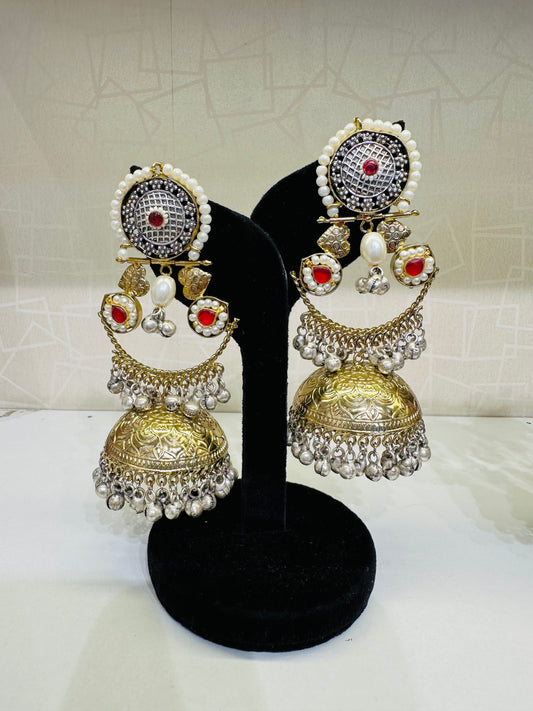 HeyBae Traditional Gold Jhumka Earrings with Pearl & Red Accents | Ethnic Wear