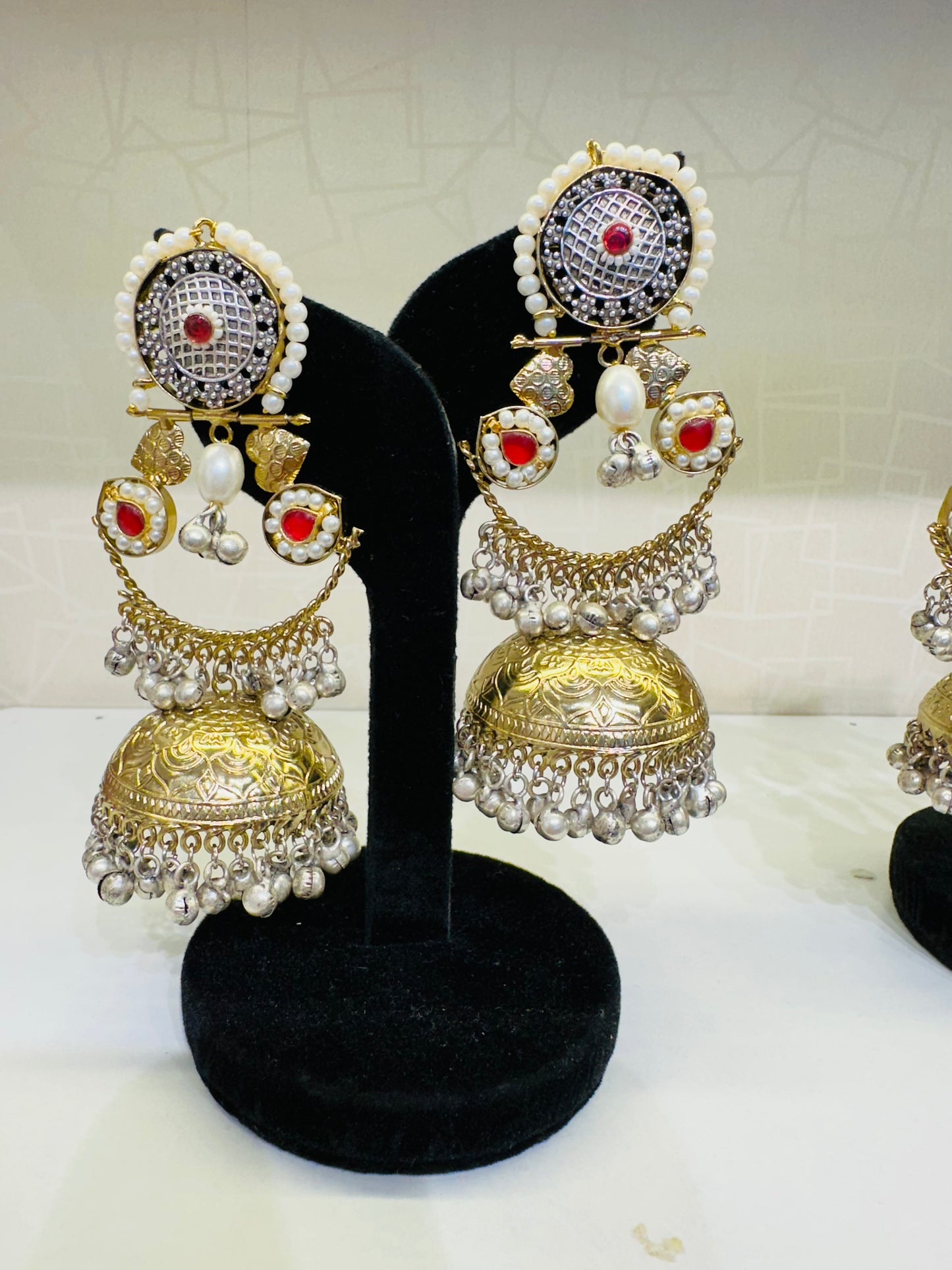 HeyBae Traditional Gold Jhumka Earrings with Pearl & Red Accents | Ethnic Wear