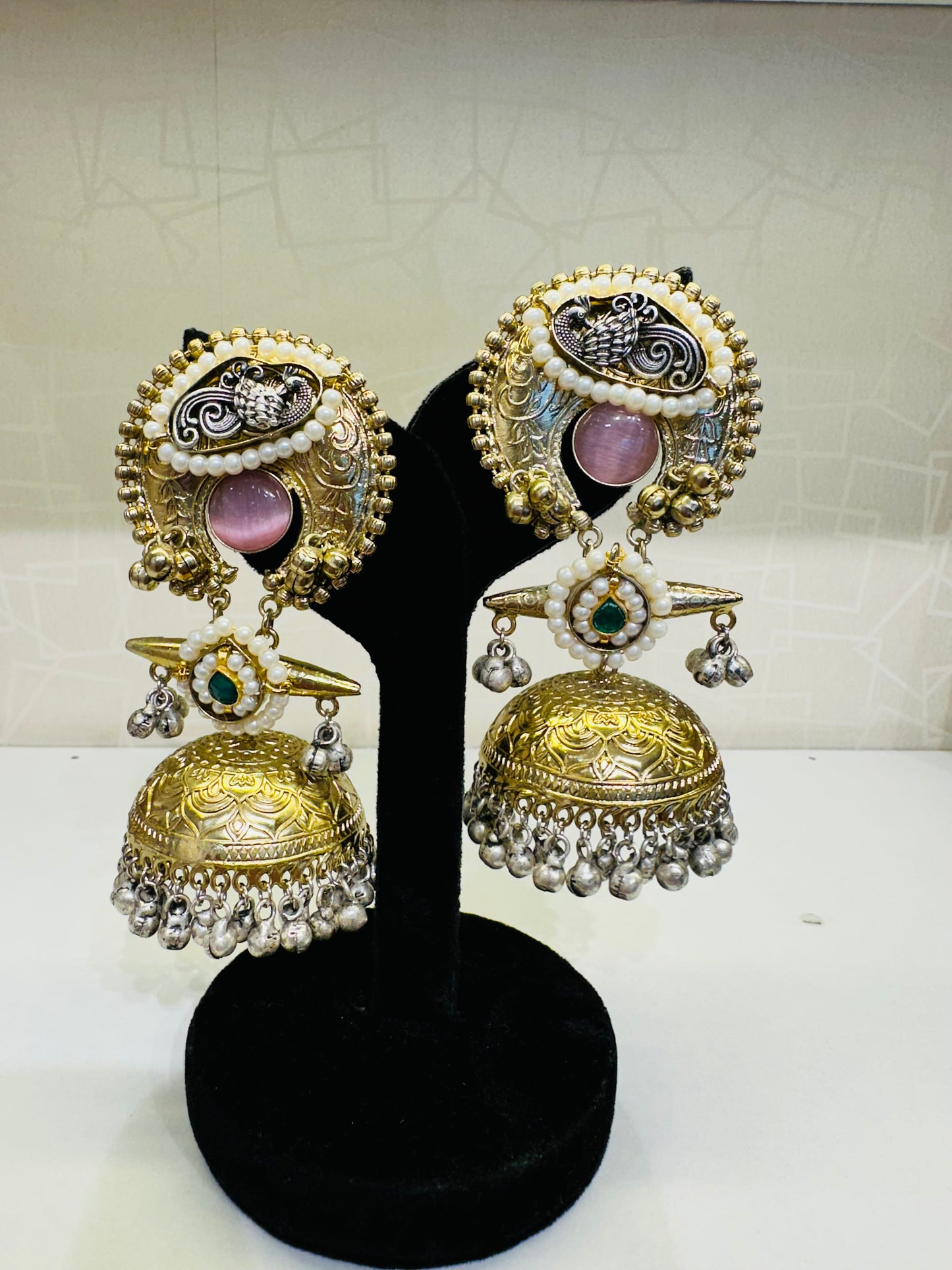 HeyBae Lightweight Ethnic Pink Pearl & Gold Jhumka Earrings - Festive Wear