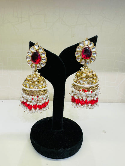 Red Stone & Pearl Kundan Jhumka Earrings – Heybae Jewelry