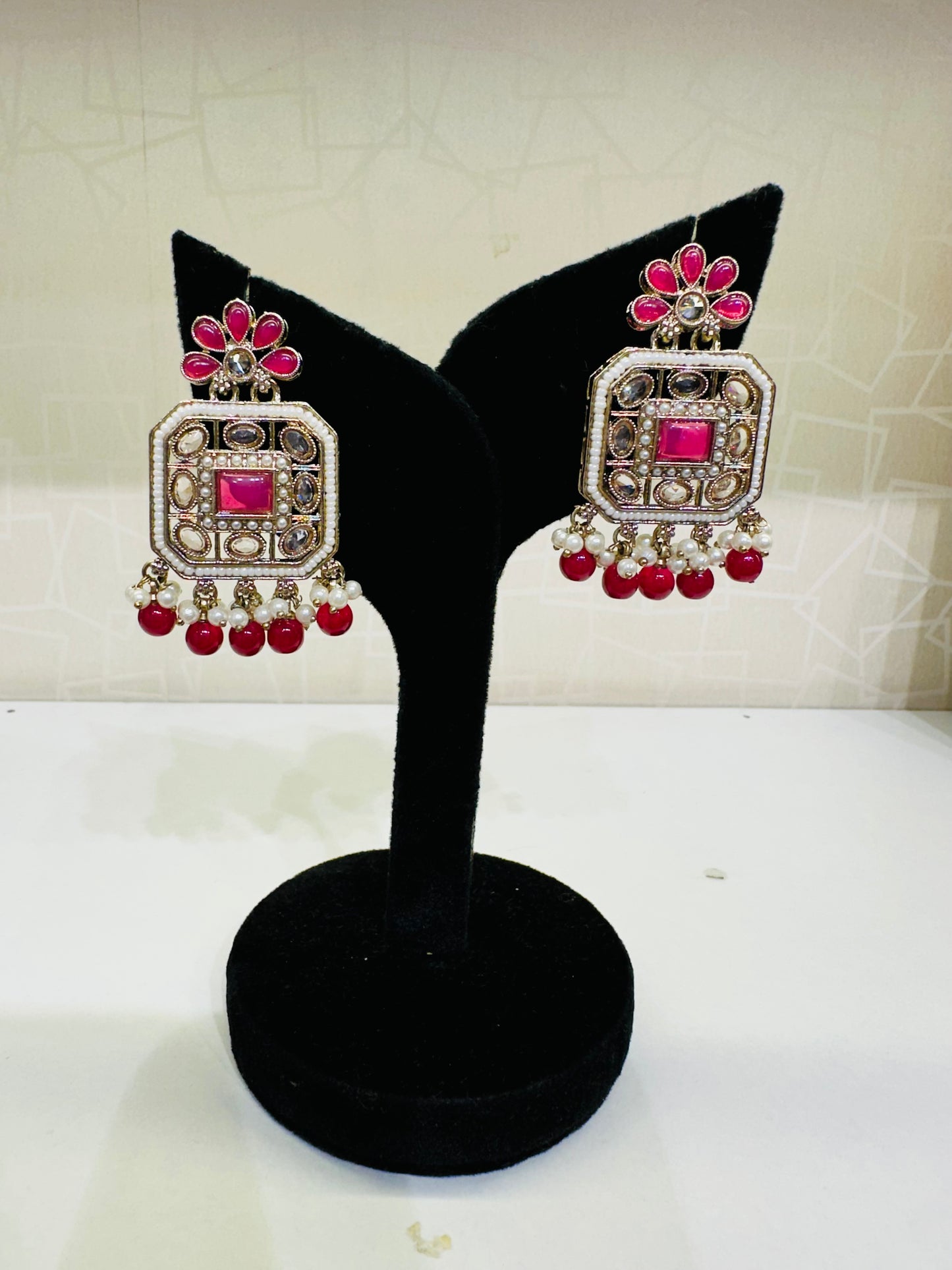 HeyBae Elegant Ethnic Stud Square Stone & Pearl Earrings