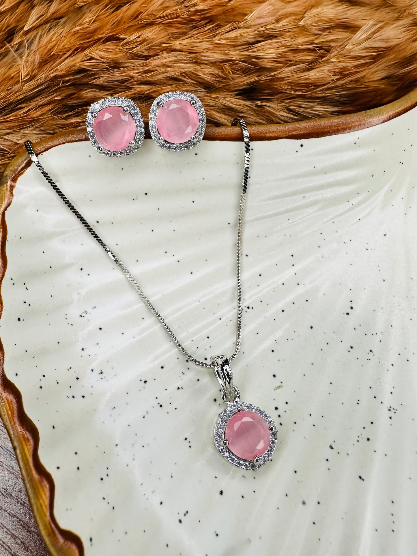 HeyBae Elegant AD Round Pendant Set with Pink Stone & Earrings for Ethnic Wear