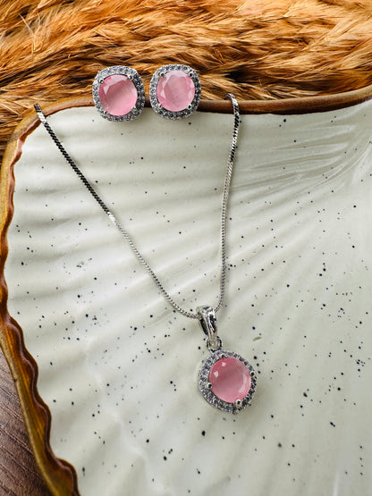 HeyBae Elegant AD Round Pendant Set with Pink Stone & Earrings for Ethnic Wear