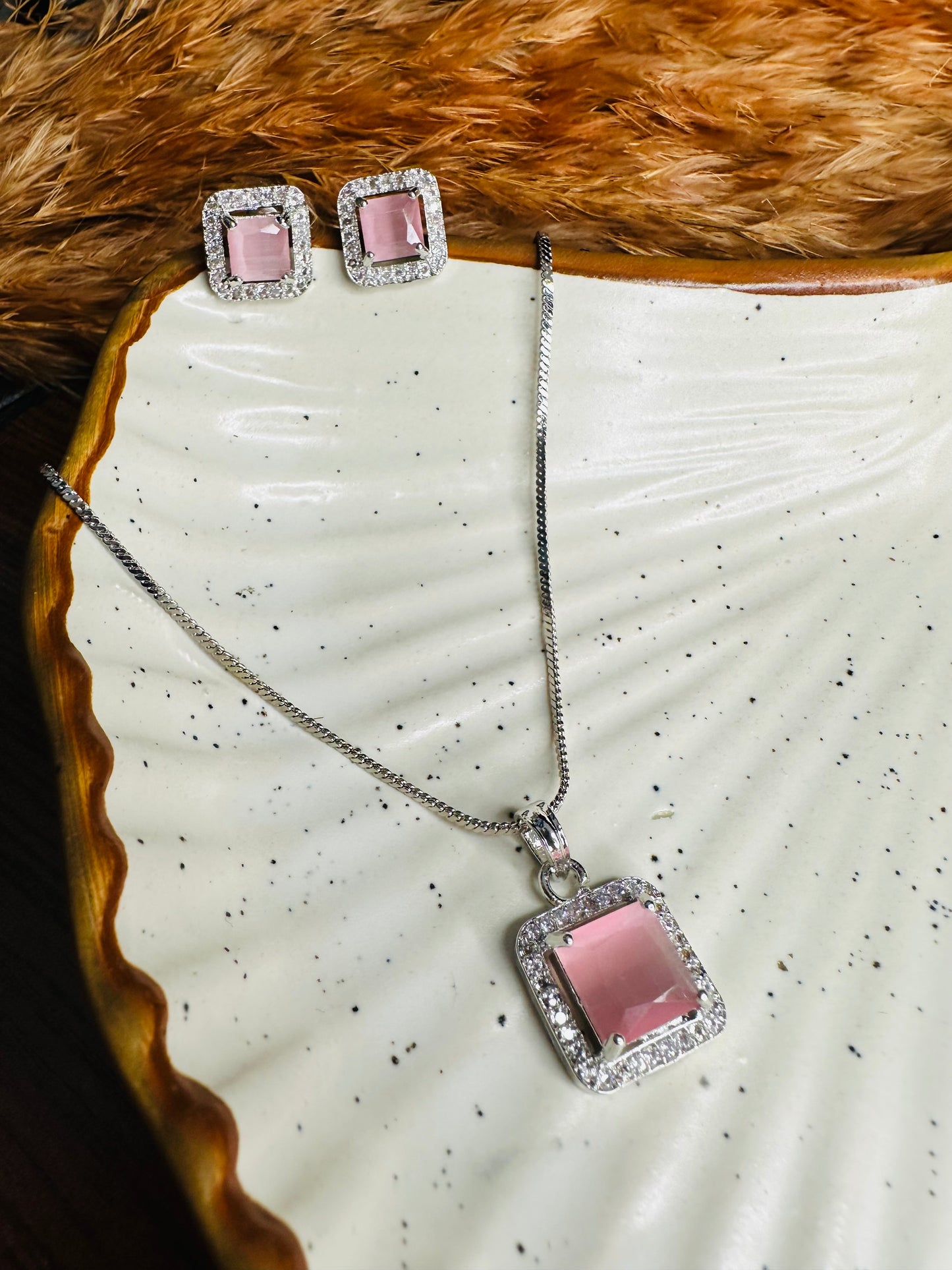 HeyBae Elegant AD Square Pendant Set with Pink Stone & Earrings for Ethnic Wear