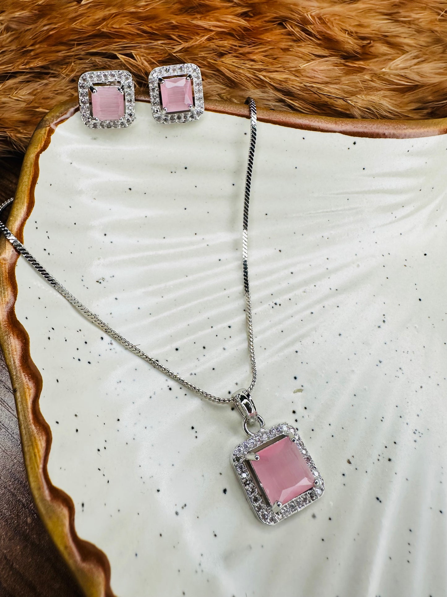 HeyBae Elegant AD Square Pendant Set with Pink Stone & Earrings for Ethnic Wear