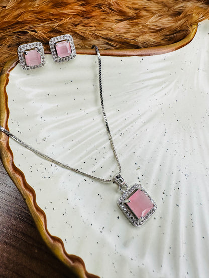 HeyBae Elegant AD Square Pendant Set with Pink Stone & Earrings for Ethnic Wear