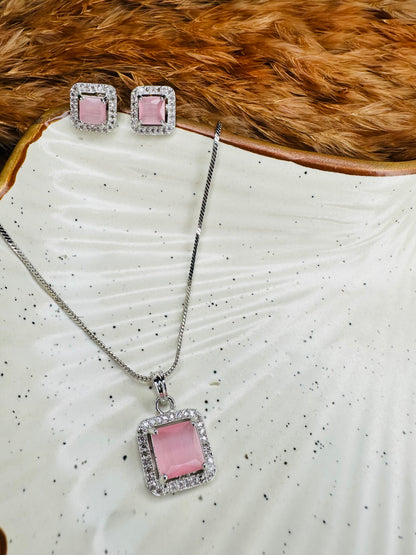 HeyBae Elegant AD Square Pendant Set with Pink Stone & Earrings for Ethnic Wear