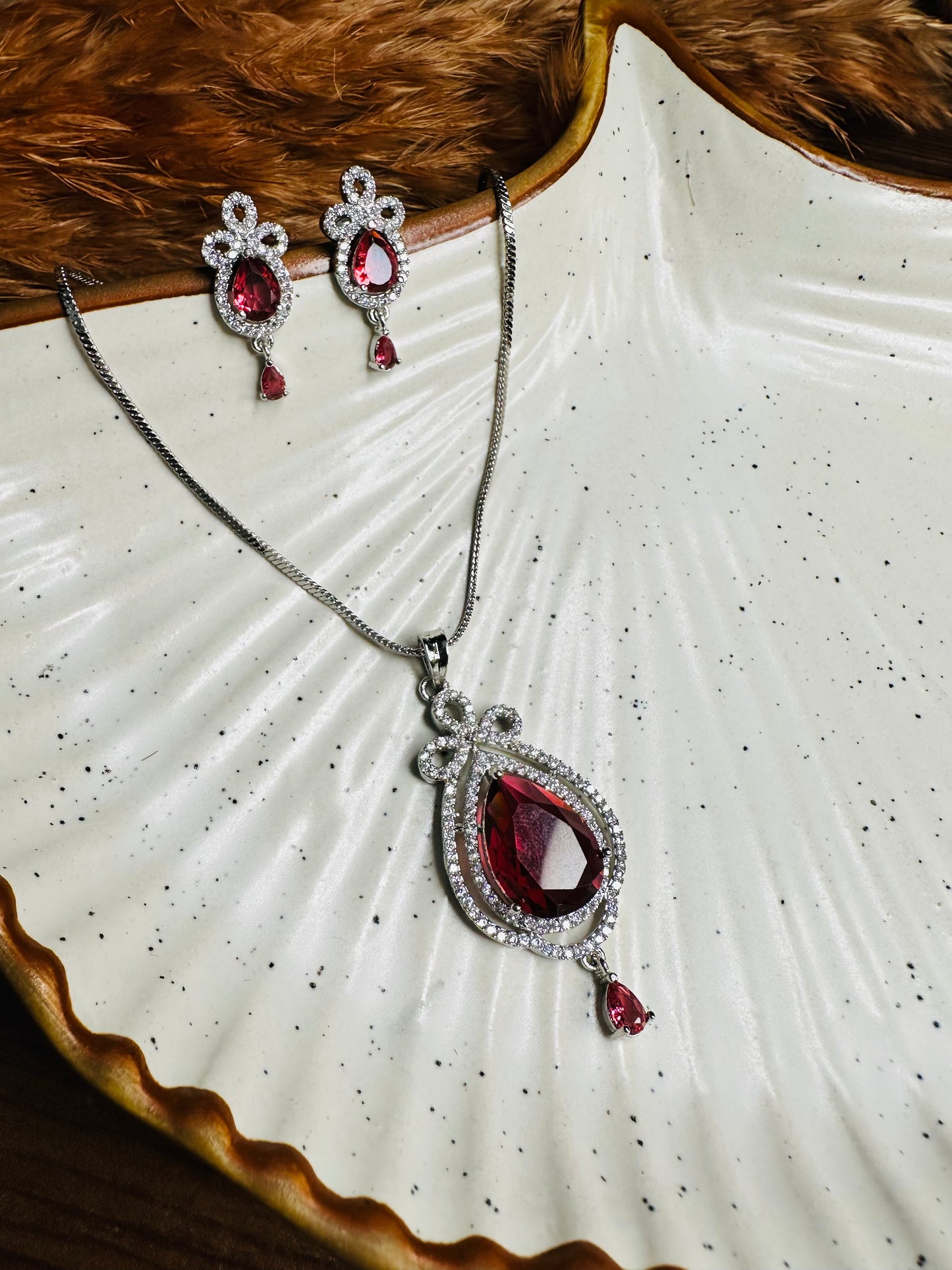 HeyBae AD Necklace & Earrings Set – Silver Plated with Red Stones