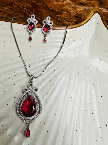 HeyBae AD Necklace & Earrings Set – Silver Plated with Red Stones