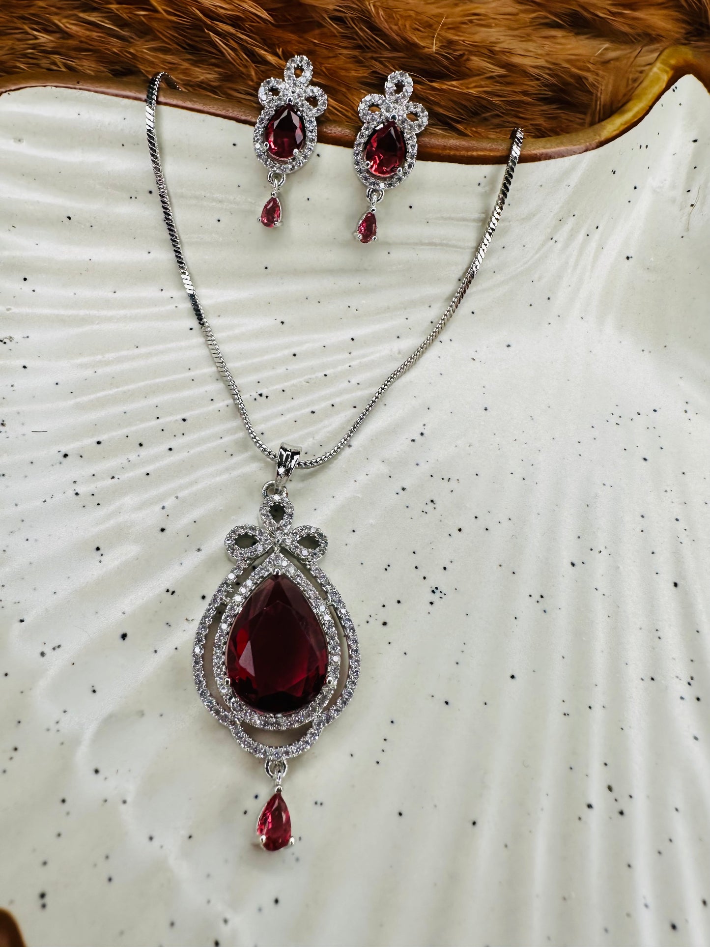 HeyBae AD Necklace & Earrings Set – Silver Plated with Red Stones