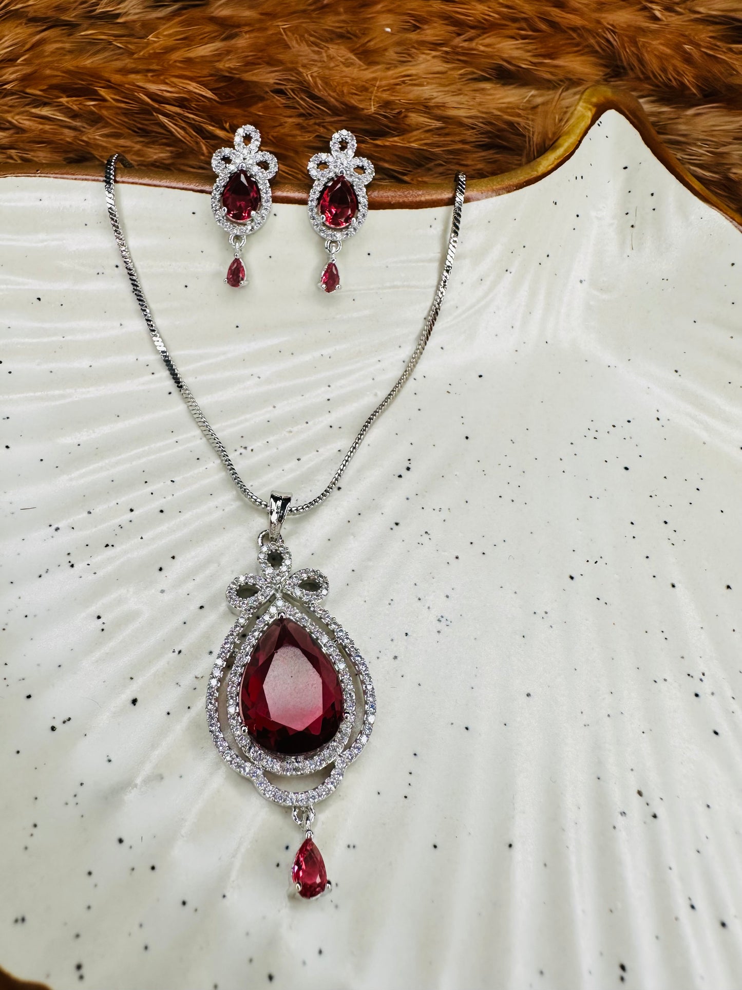 HeyBae AD Necklace & Earrings Set – Silver Plated with Red Stones