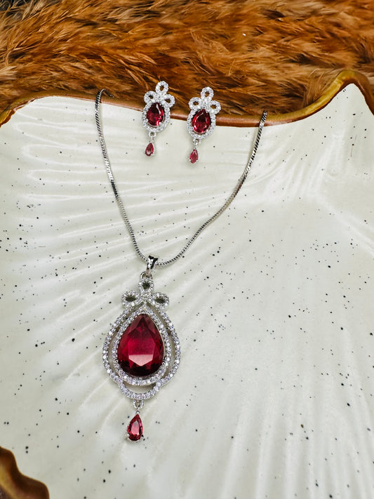 HeyBae AD Necklace & Earrings Set – Silver Plated with Red Stones