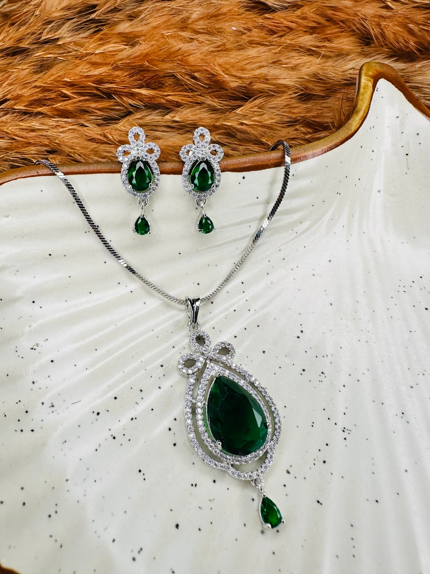 HeyBae AD Necklace & Earrings Set – Silver-Plated Ethnic Jewelry with Green Stones
