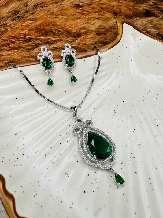 HeyBae AD Necklace & Earrings Set – Silver-Plated Ethnic Jewelry with Green Stones