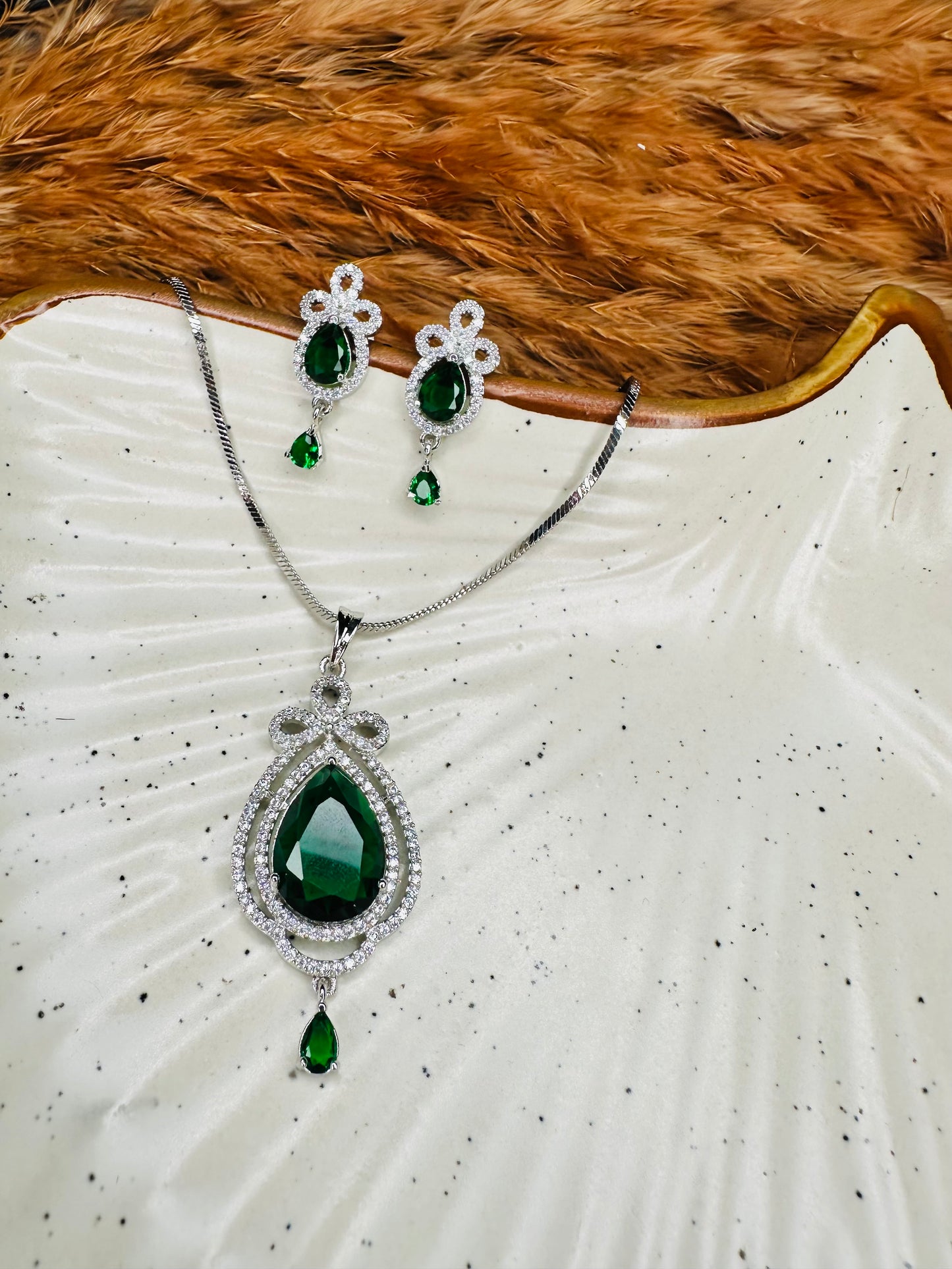 HeyBae AD Necklace & Earrings Set – Silver-Plated Ethnic Jewelry with Green Stones