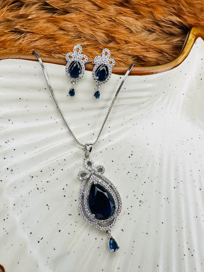 HeyBae AD Necklace & Earrings Set – Silver Plated with Blue Stones