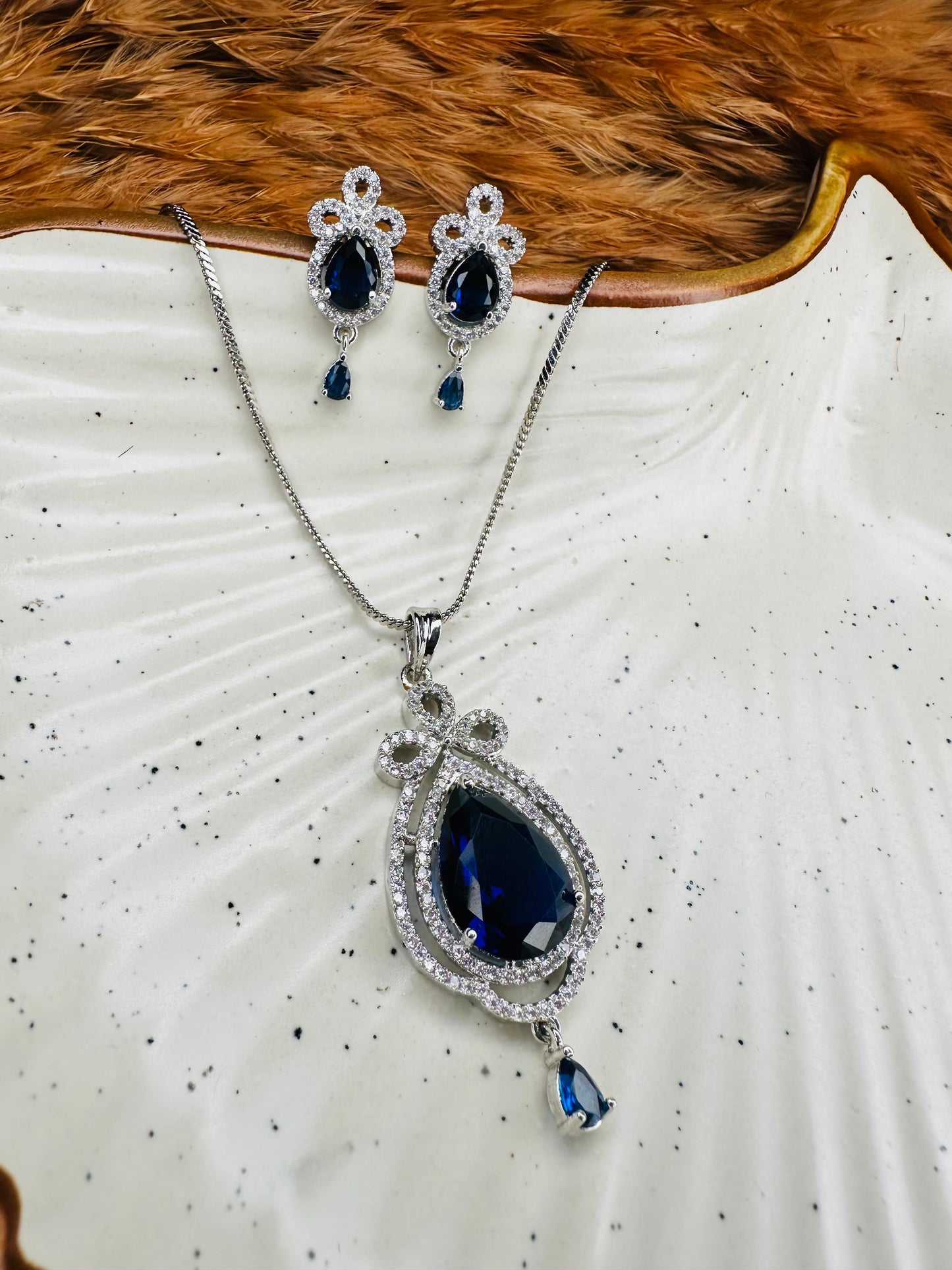 HeyBae AD Necklace & Earrings Set – Silver Plated with Blue Stones