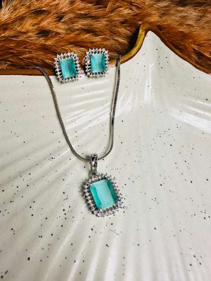 HeyBae Elegant AD Square Pendant Set with Sky Blue Stone & Earrings for Ethnic Wear