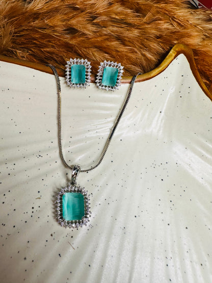 HeyBae Elegant AD Square Pendant Set with Sky Blue Stone & Earrings for Ethnic Wear