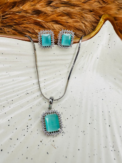 HeyBae Elegant AD Square Pendant Set with Sky Blue Stone & Earrings for Ethnic Wear