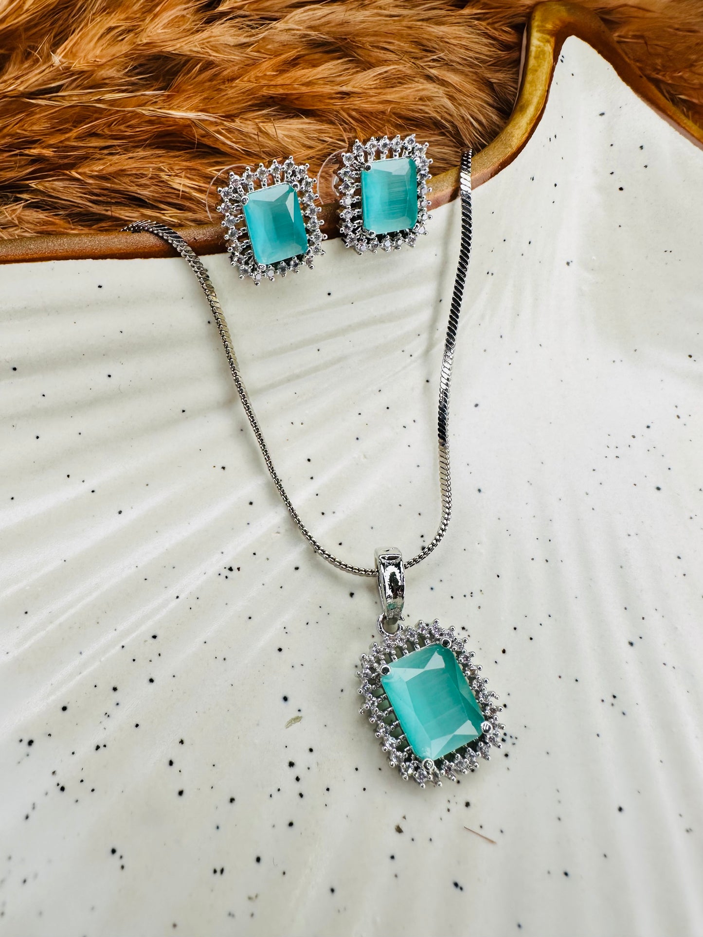 HeyBae Elegant AD Square Pendant Set with Sky Blue Stone & Earrings for Ethnic Wear