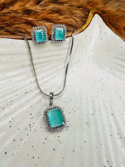 HeyBae Elegant AD Square Pendant Set with Sky Blue Stone & Earrings for Ethnic Wear