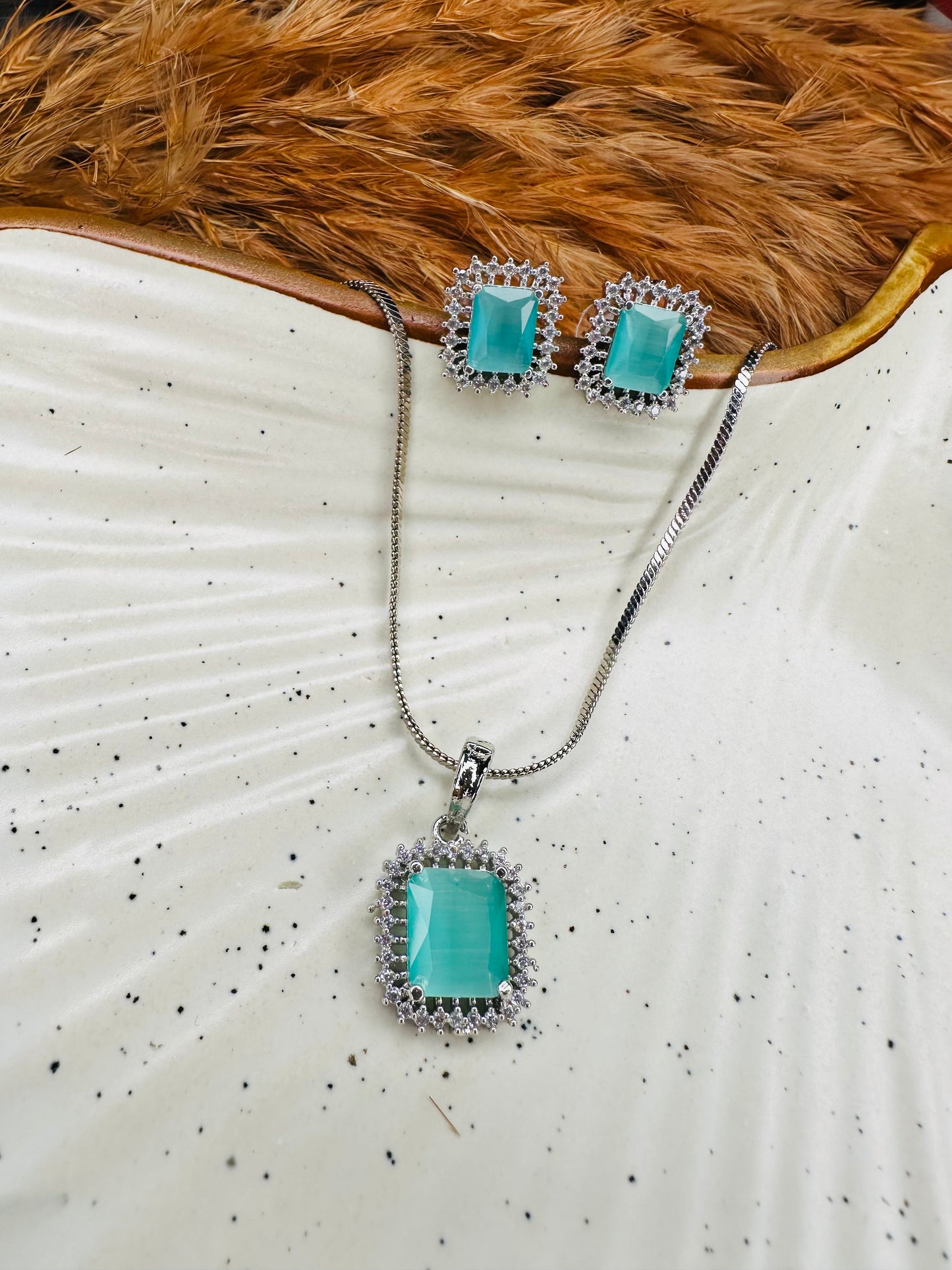 HeyBae Elegant AD Square Pendant Set with Sky Blue Stone & Earrings for Ethnic Wear