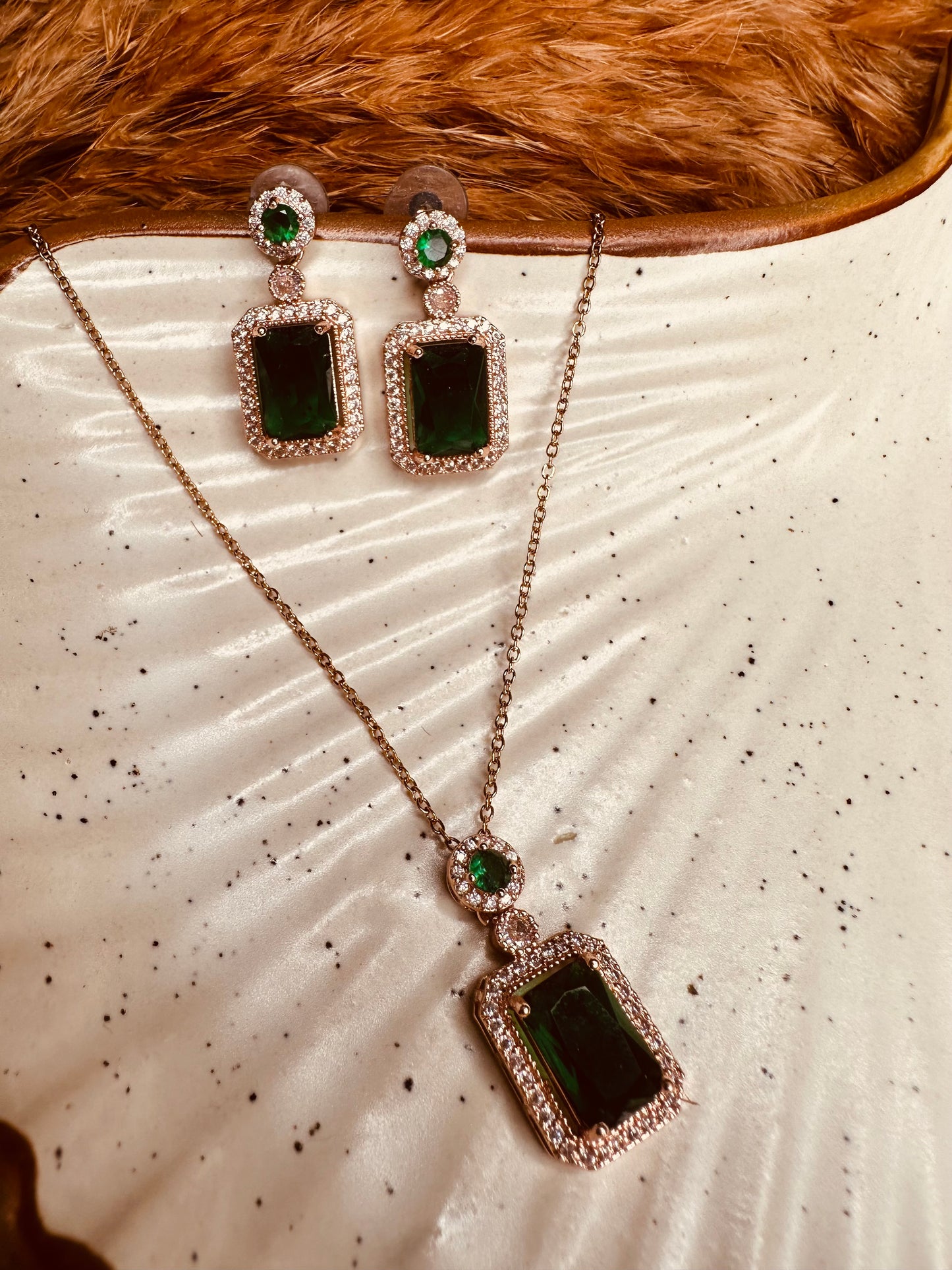 HeyBae Elegant AD Square Pendant Set with Green Stone & Earrings for Ethnic Wear