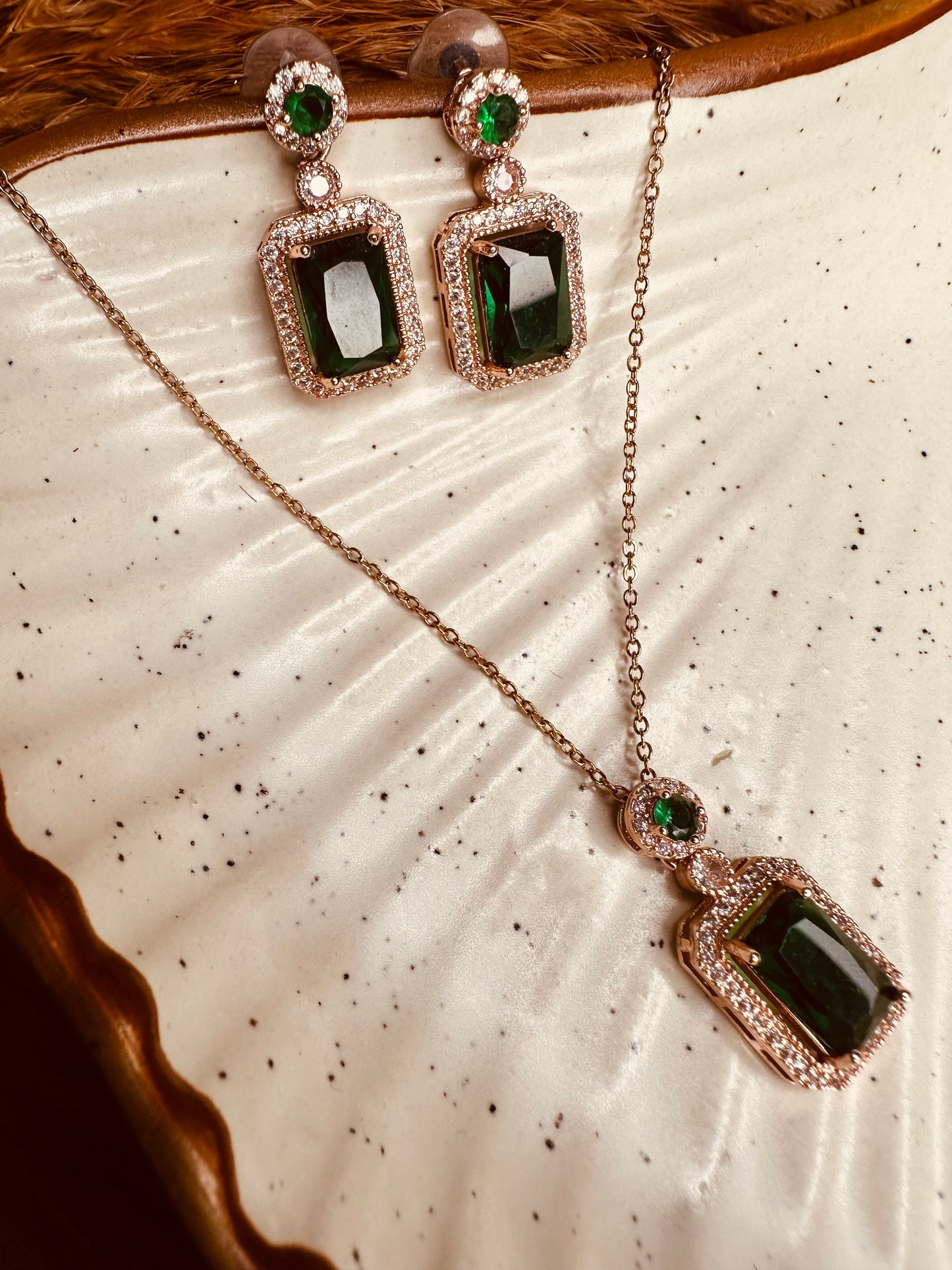 HeyBae Elegant AD Square Pendant Set with Green Stone & Earrings for Ethnic Wear