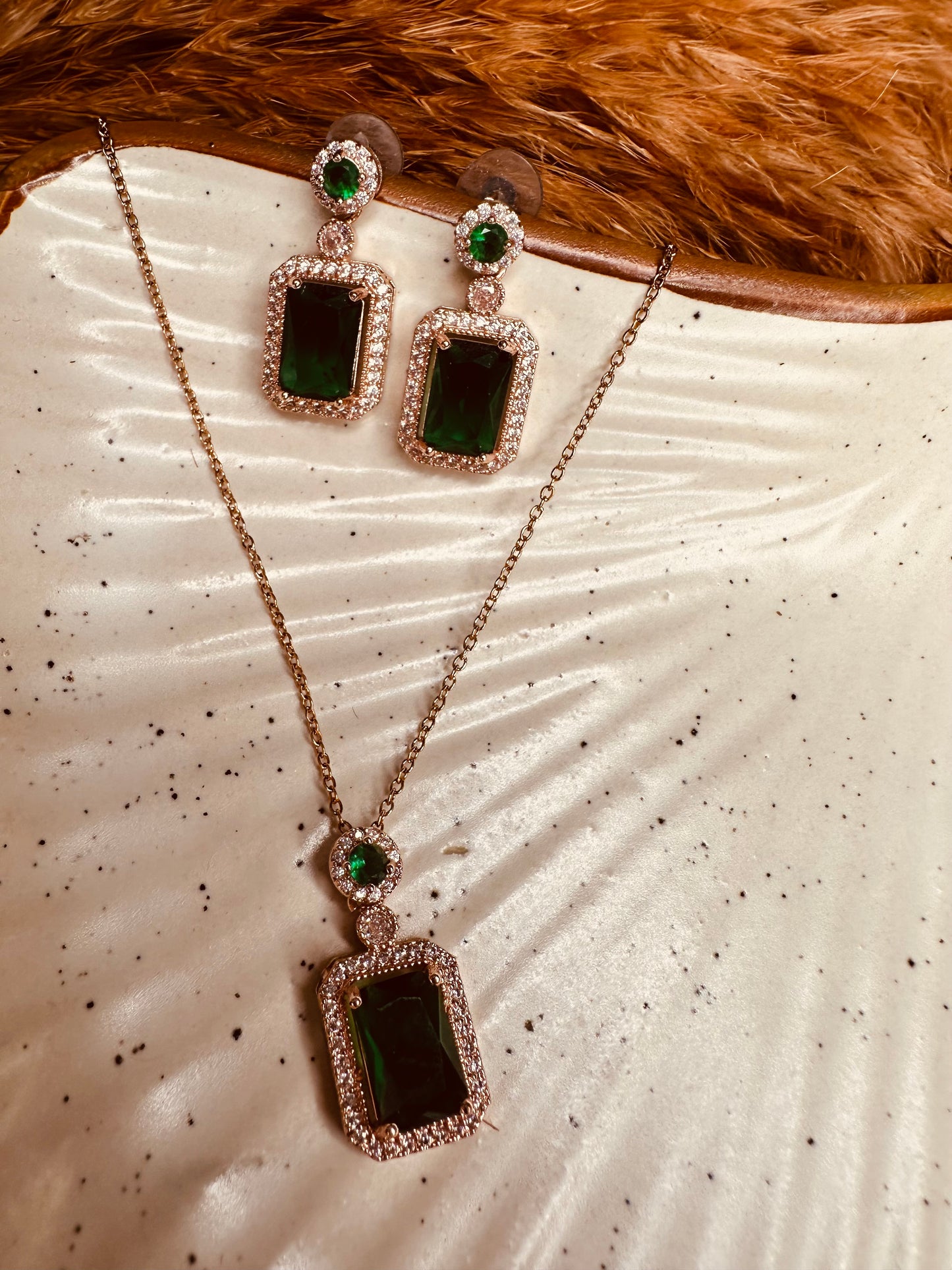 HeyBae Elegant AD Square Pendant Set with Green Stone & Earrings for Ethnic Wear