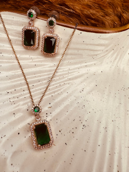 HeyBae Elegant AD Square Pendant Set with Green Stone & Earrings for Ethnic Wear