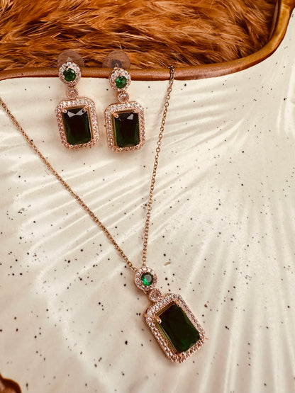 HeyBae Elegant AD Square Pendant Set with Green Stone & Earrings for Ethnic Wear