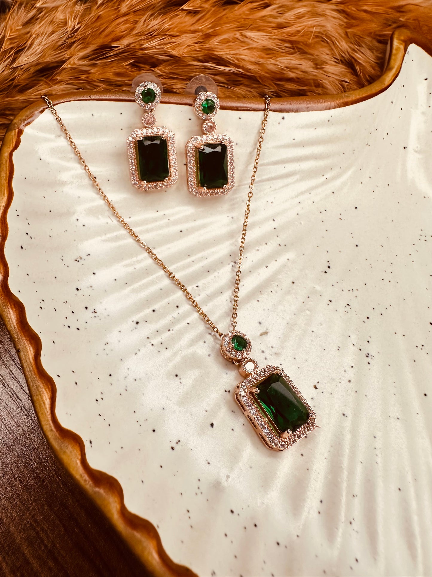 HeyBae Elegant AD Square Pendant Set with Green Stone & Earrings for Ethnic Wear