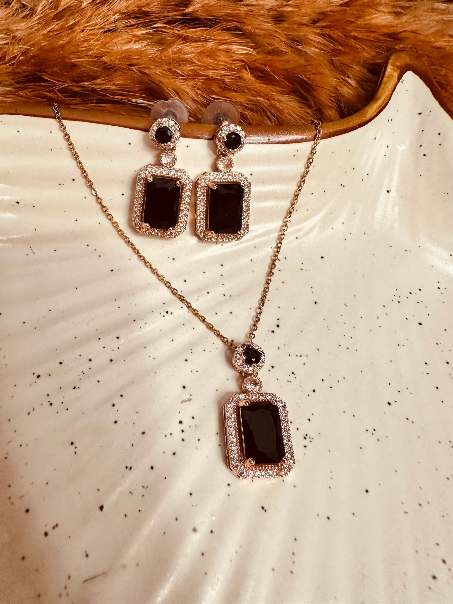 HeyBae Elegant AD Square Pendant Set with Black Stone & Earrings for Ethnic Wear