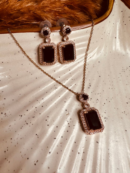 HeyBae Elegant AD Square Pendant Set with Black Stone & Earrings for Ethnic Wear