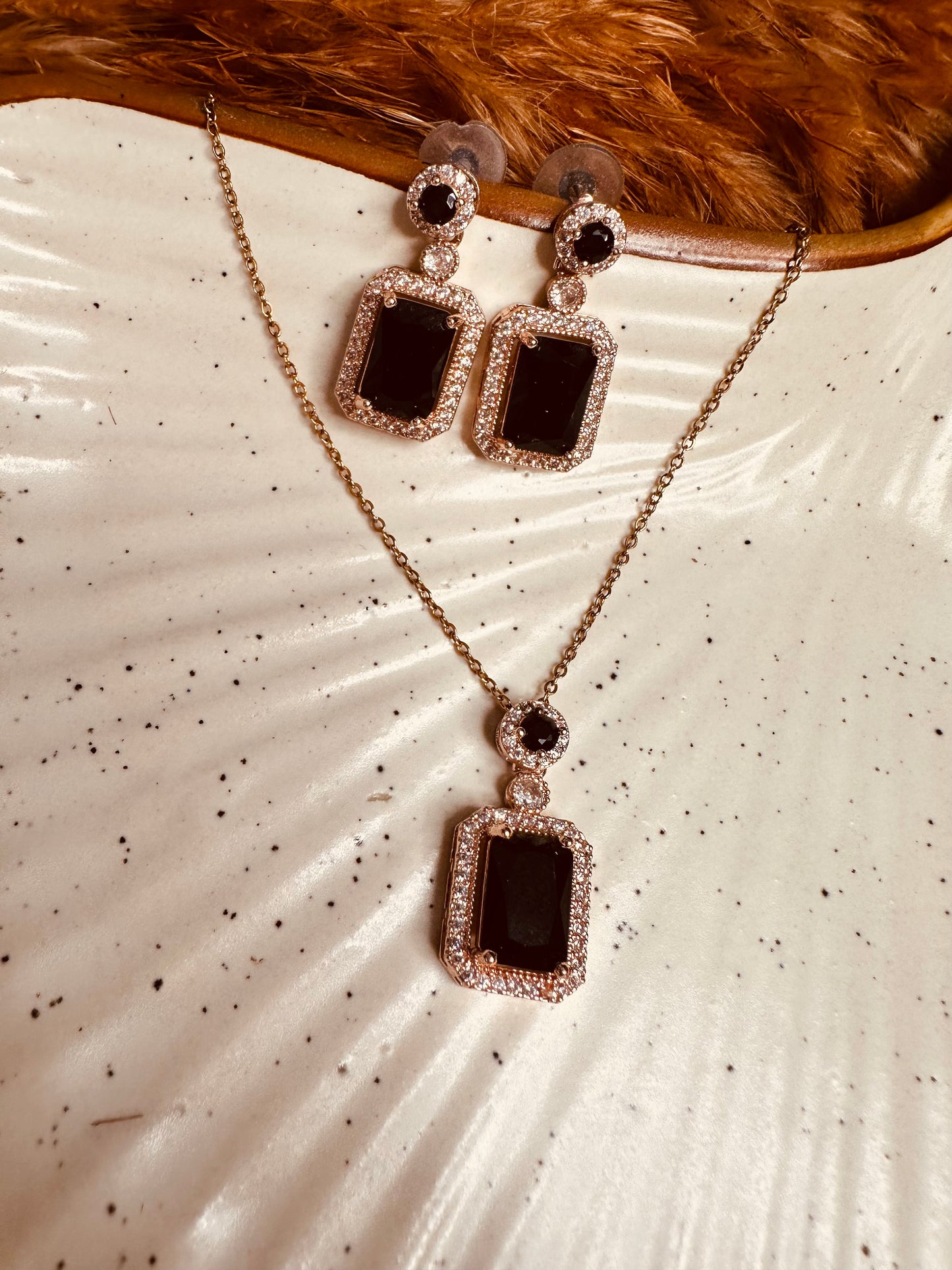 HeyBae Elegant AD Square Pendant Set with Black Stone & Earrings for Ethnic Wear