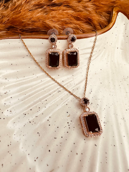 HeyBae Elegant AD Square Pendant Set with Black Stone & Earrings for Ethnic Wear