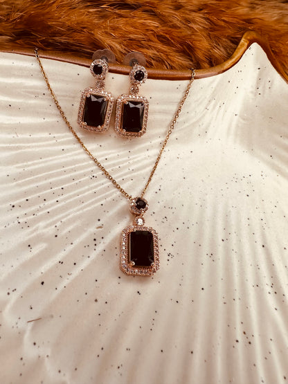 HeyBae Elegant AD Square Pendant Set with Black Stone & Earrings for Ethnic Wear