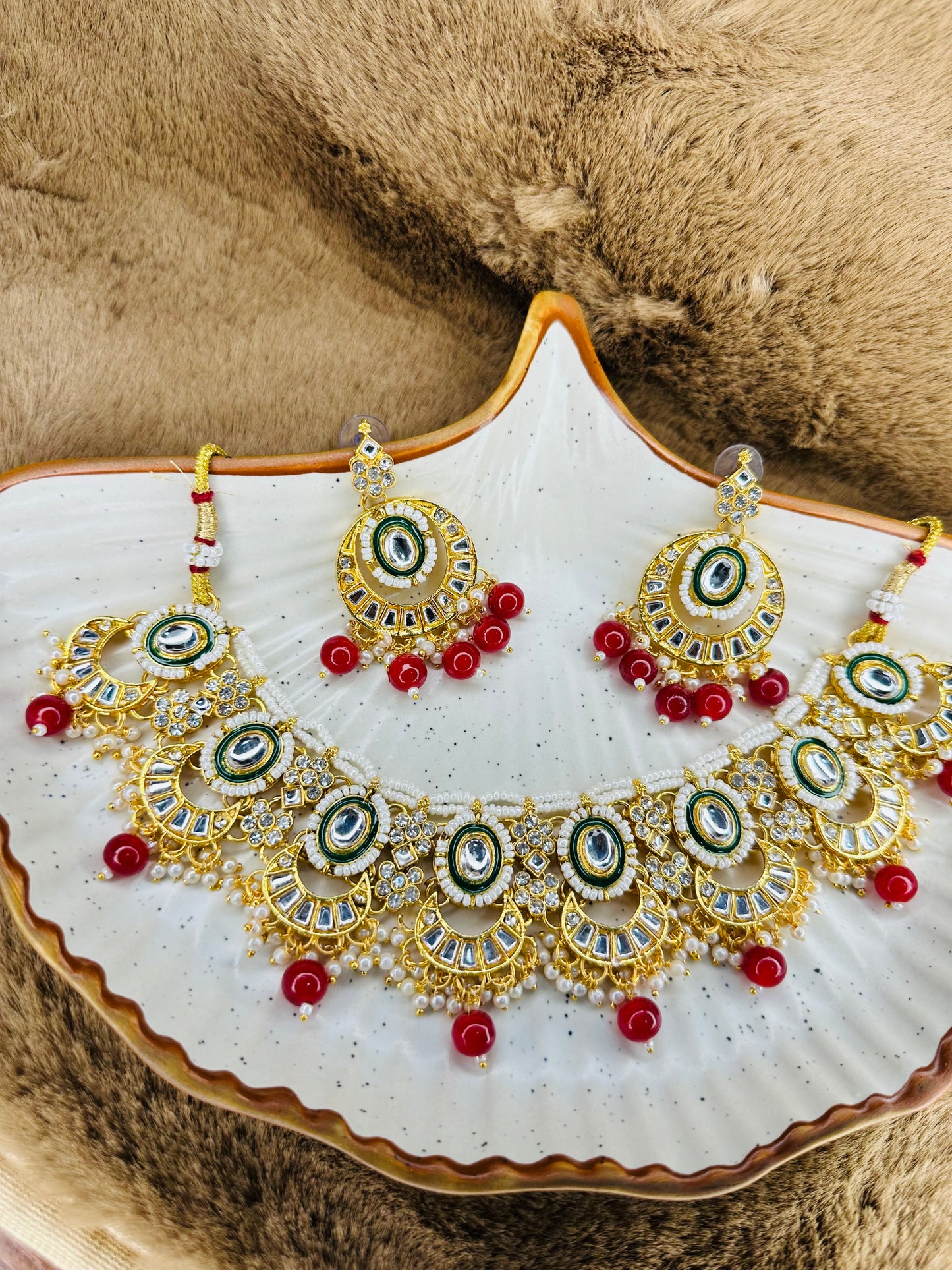 HeyBae Ethnic Kundan Red Necklace Set with Earrings – Bridal & Festive Wear