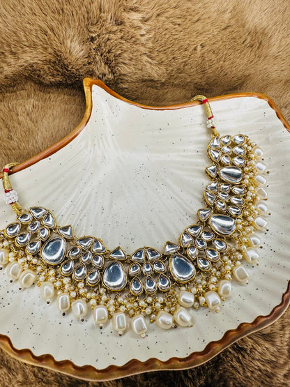 HeyBae Ethnic White Kundan & Pearl Necklace Set with Earrings